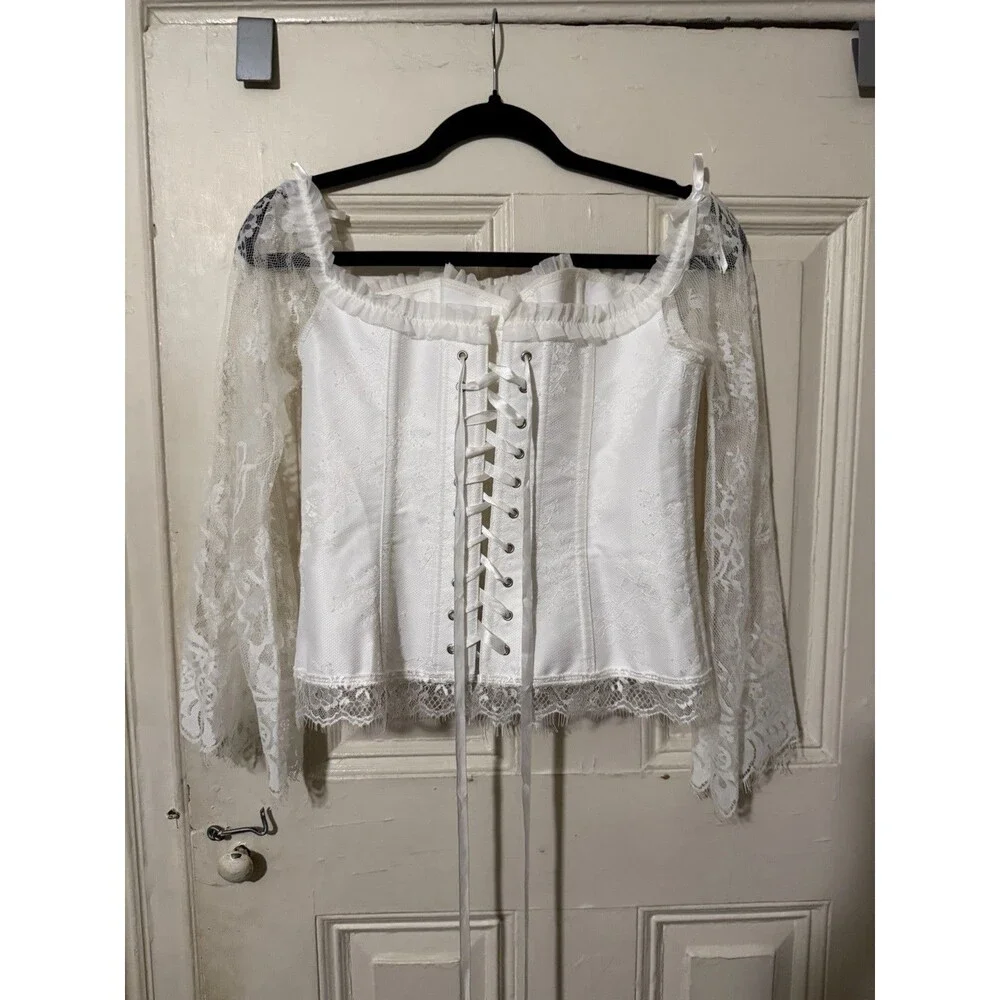White Lace Corset Top Off Shoulder Long Sleeve Lace Up Renaissance Cottagecore L